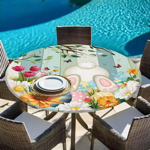 Miniatura 6 de Mantel Ajustable con Cola de Conejo de Pascua para Mesa Redonda, Cubierta de Mesa de Tulipán y Huevo de Primavera con Borde Elástico Impermeable