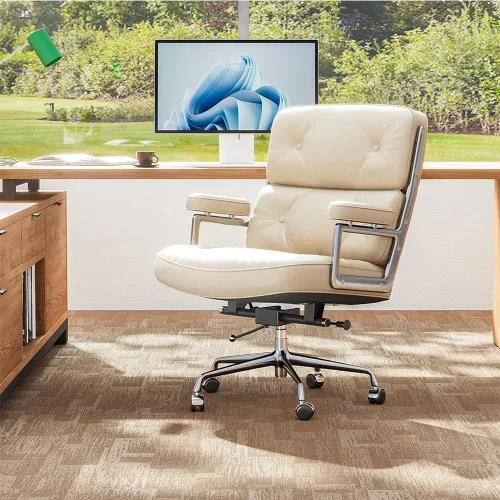 Miniatura 12 de Silla de oficina de cuero genuino, sillas de escritorio ejecutivas con respaldo medio con brazos y ruedas de aluminio, silla giratoria de cuero