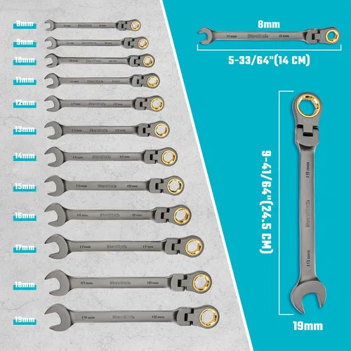 Miniatura 5 de DURATECH juego de llaves de trinquete con cabezal flexible antideslizante, juego de llaves combinadas, 12 piezas, 72 dientes, métricas, 8-19 mm