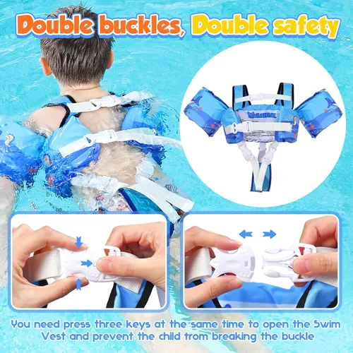Miniatura 2 de Chaleco de natación para niños pequeños, flotadores para niños de 22 a 66 libras, chaleco de natación extraíble con correa de entrepierna y arnés
