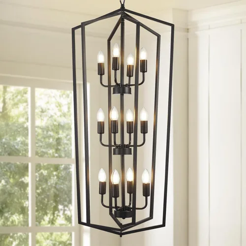 Miniatura 18 de WJShome 46 cm de diámetro Candelabro negro y dorado, lámpara de comedor estilo granja de 4 luces, lámparas modernas de vestíbulo, lámpara colgante
