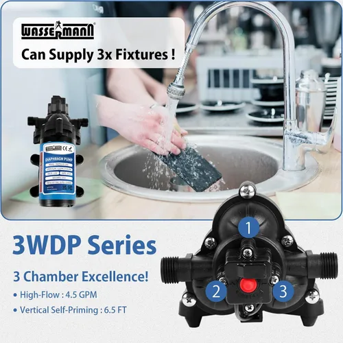 Miniatura 2 de WASSERMANN 115V AC Water Diaphragm Pump,4.5GPM 55PSI 1/2" NPSM with 8.2ft Power Cord & Plug,Self-Priming Fresh Water Pressure Booster Pump,Pressure
