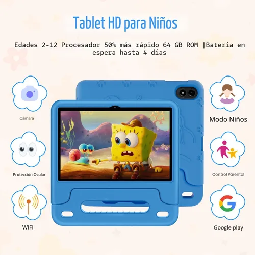 Miniatura 2 de WXUNJA Tablet Android 15 Kids 2025, tabletas actualizadas de 10.1 pulgadas con procesador Octa-Core, batería de 6000 mAh, espacio para niños, Azul