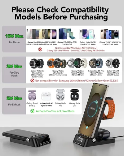 Miniatura 2 de Cargador inalámbrico con reloj despertador para Samsung, estación de carga plegable 4 en 1 para Galaxy Watch 8/7/Ultra/Classic/FE/6, Galaxy