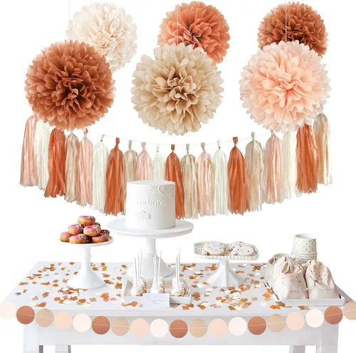 AOBKIAT Kit de decoración de fiesta de otoño de 28 piezas con pompones de papel de seda marrón polvoriento, naranja, caqui, guirnaldas, borlas para