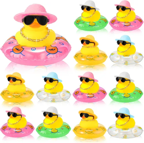 Miniatura 8 de Sotiff Mini patos de goma a granel para niños, lindo juguete de pato amarillo para salpicadero de automóvil, adornos con gafas de sol, anillo