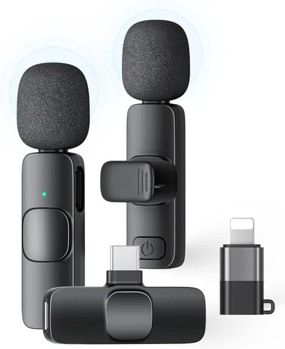 Paquete de 2 micrófonos de solapa inalámbricos para iPhone, iPad y teléfono Android, micrófono de solapa Plug and Play, micrófono inalámbrico con