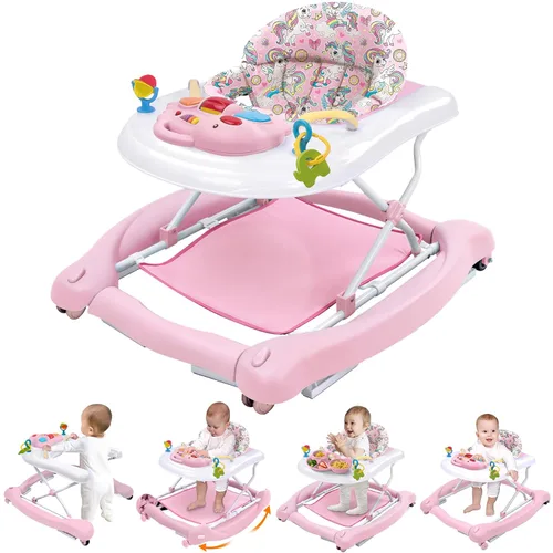 Andador de actividades plegable 5 en 1 para bebé, balancín, centro de actividades, gorila, caminador de asiento, caminador de empuje, ruedas Rosa