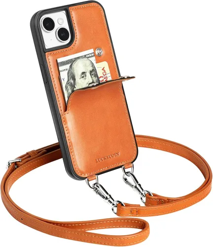 Miniatura 12 de LUCKYCOIN Funda tipo cartera cruzada para iPhone 14 Pro, funda de piel auténtica con protección contra caídas para mujer, con tarjetero expandible