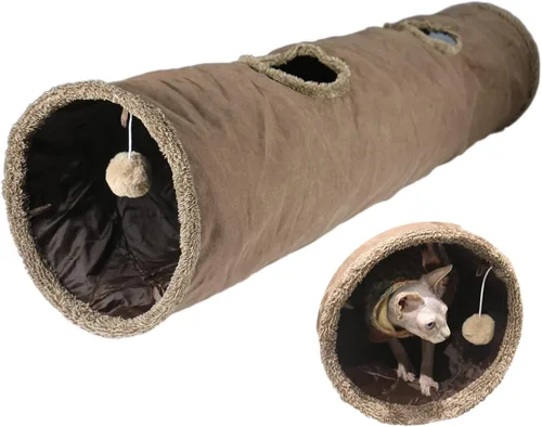 Túnel para gatos de interior, túnel plegable para gatos grandes de 51 x 12 pulgadas, túneles de gamuza marrón para mascotas con dos mirillas y una