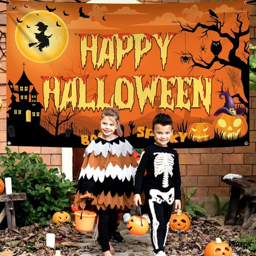 Miniatura 7 de KatchOn Pancarta espeluznante de Feliz Halloween, extragrande, 72 x 44 pulgadas, telón de fondo naranja de fotos de Halloween para decoraciones
