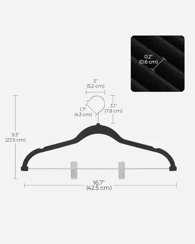 Miniatura 6 de SONGMICS Paquete de 20 perchas para pantalones, perchas de terciopelo de 16.7 pulgadas de largo con clips ajustables, perchas resistentes