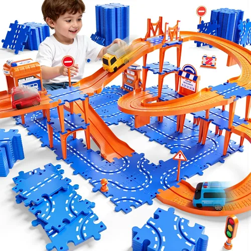 NIPLOOOW Juego de pistas de autos de carreras de rompecabezas para niños de 3 a 5 años, juego de autos de pista de rompecabezas de piso, juguetes