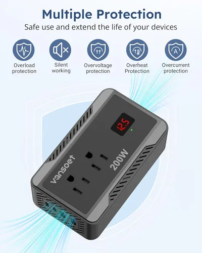 Miniatura 6 de Inversor de corriente de 200W para automóvil, DC 12V a 110V AC, convertidor con [PD 30W y 15W] USB C de carga rápida/3.0A, puertos de carga USB