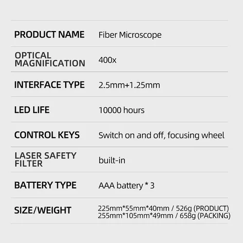 Miniatura 7 de Lupa de fibra óptica de mano 400x microscopio de inspección óptica de fibra LED Iluminación antideslizante caucho 0.098 in SC/FC/ST/0.049 in LC