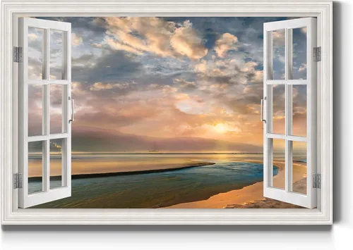 Miniatura 26 de Renditions Gallery Lienzo decorativo para pared, vista de barco viejo atracado en la playa de arena blanca, obra de arte para colgar en la pared