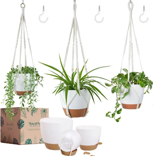 Miniatura 10 de Bouqlife Paquete de 3 macetas colgantes de macramé con riego automático con macetas de interior de 10/8/7 pulgadas, 3 tamaños diferentes de cestas