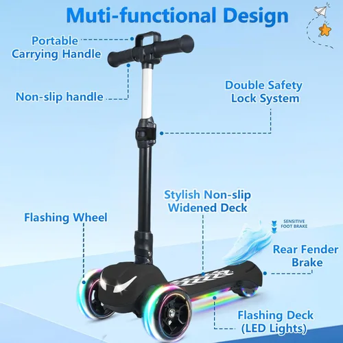 Miniatura 5 de Electric Scooter for Kids Ages 3-12, Full Body Lights Up, Wide Deck, 3 Adjustable Heights, 5MPH Safe Speed, 90min Riding, Foldable 3 Wheel Electric