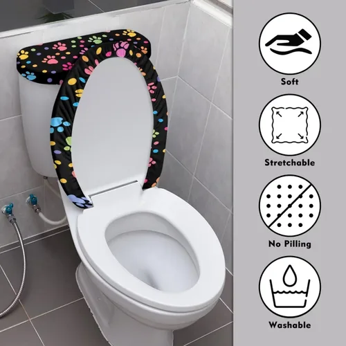 Miniatura 3 de Flashideas Juego de cubierta para tanque y tapa de inodoro con estampados de patas de perro coloridas - Elástico, se adapta a la mayoría de tanques