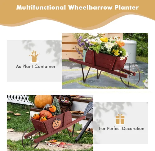 Miniatura 2 de HAPPYGRILL Planta de carro de carretilla, maceta pequeña de madera de pino maciza con soporte de metal triangular, 2 asas de ahorro de energía