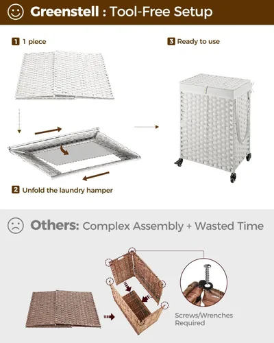Miniatura 86 de GREENSTELL Cesta para ropa sucia con ruedas y tapa, 130 L, cesta grande de 3 secciones con 2 tipos de bolsas de forro extraíbles, 5 bolsas de malla