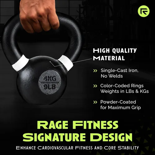 Miniatura 2 de Rage Fitness Single Cast Iron Kettlebell Powder Coated - Wide Handle Weights for Core & Glute Workouts; Swings, Squats, Deadlifts; Strength