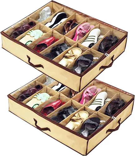 2 Uds Señoras/Niños Almacenamiento Hogar Bolsa de Zapatos 12 Celdas Debajo de la Cama Organizador Armario Plegable Beige