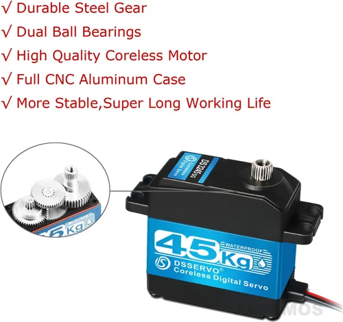 Miniatura 3 de Servomotores de dirección RC sin núcleo de 45KG de alto par de torsión de 8.4 V, engranaje de acero inoxidable, perfil bajo, impermeable