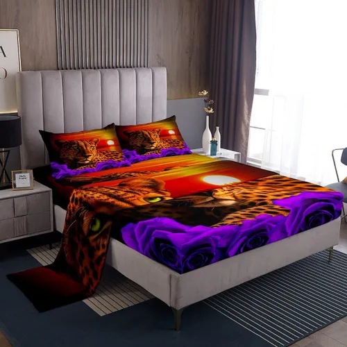 Miniatura 42 de Erosebridal Sábanas de cama de guepardo con rosa roja, juego de sábanas de bolsillo profundo con estampado de leopardo y gato, sábana bajera
