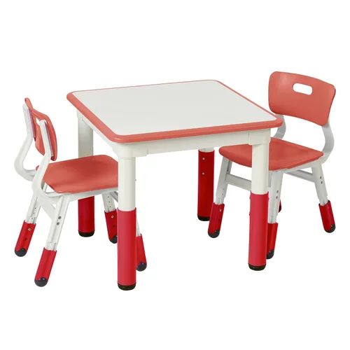 ECR4Kids Mesa de actividades rectangular de borrado en seco con 2 sillas, ajustable, muebles para niños, azul, 3 piezas Rojo