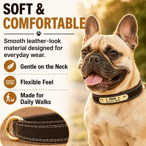 Miniatura 5 de Collar de cuero para perro personalizado con placa de nombre grabable - Collar con etiqueta de identificación duradera - Collar para perro