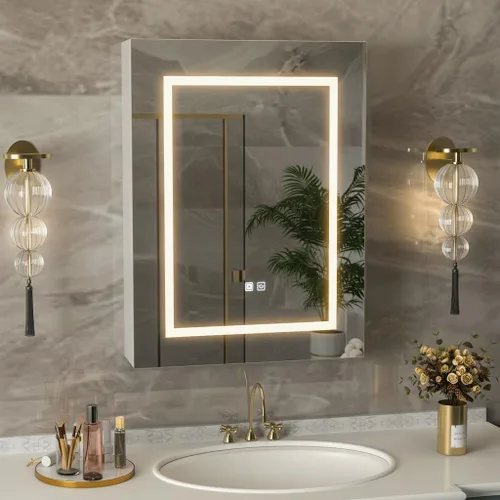 Miniatura 11 de Espejo de botiquín iluminado para baño, botiquín LED con desempañador, montado en la pared, espejo de baño LED con almacenamiento, 20 x 28 pulgadas