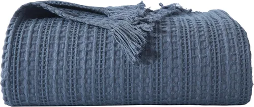 Manta de Gofre 100% Algodón con Flecos, Manta de Tejido Gofre Prelavada para Todas las Estaciones, Manta Ligera Transpirable Suave y Acogedora tipo