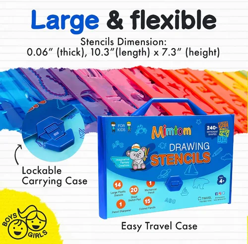 Miniatura 4 de Mimtom Kit de plantillas de dibujo para niños, juego de arte de 51 piezas con más de 240 formas, bloc de bocetos y lápices