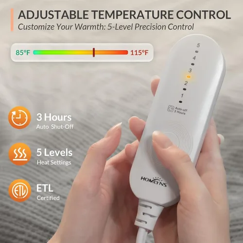 Miniatura 3 de Manta calefactora HOMLYNS LuxeHeat, de franela suave y sherpa, manta eléctrica con 5 ajustes de calor, calentamiento rápido, manta calefactora