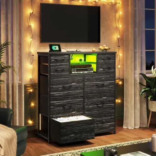 Miniatura 6 de Romorgniz - Cómoda para dormitorio con 10 cajones con luz LED y toma de corriente, cómodas de tela y cómoda con estantes abiertos para pasillo, sala
