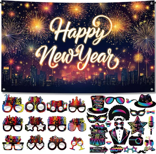 Miniatura 8 de KatchOn, Suministros para fiesta de Año Nuevo 2026 – Paquete de 32 Cartel de Feliz Año Nuevo, accesorios de cabina de fotos de NYE