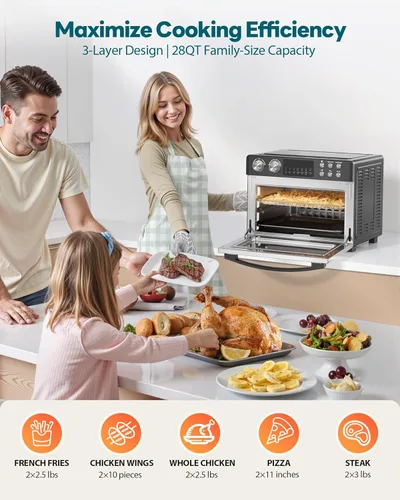 Miniatura 3 de Combo de horno tostador con freidora de aire de 28 cuartos de galón, horno grande de encimera con convección HeatWave de última generación, cocción