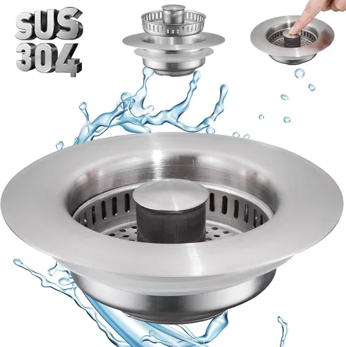 pollock SUS304 - Tapón de drenaje para fregadero de cocina 4 en 1, tapón de acero inoxidable con cesta coladora, tapón antiobstrucción para