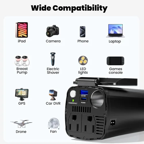 Miniatura 8 de BESTEK Inversor de corriente de 200 W, adaptador de toma de corriente de enchufe de coche de 12 V CC a 110 V CA con [USB-C de 30 W]/cargador rápido