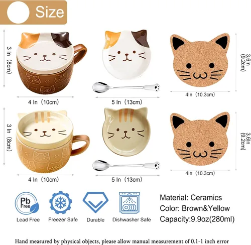 Miniatura 4 de BigNoseDeer 2 tazas lindas de cerámica Kawaii con gato, taza de café con tapa, tazas de té y platillos para postre, regalos lindos para amantes