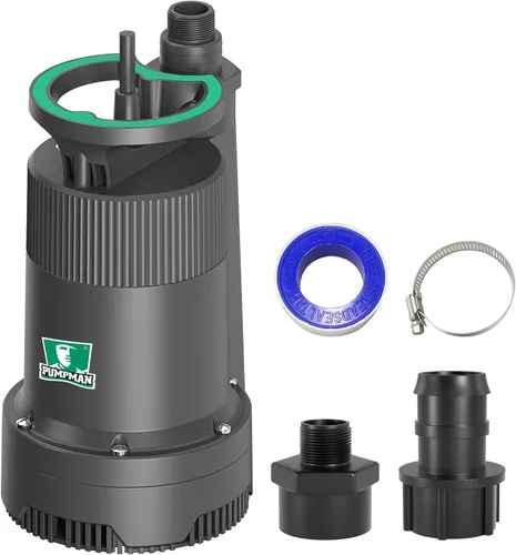 PUMPMAN Bomba de agua portátil de 1/4 HP, bomba sumergible de utilidad de 2110 GPH con manguera de jardín de 3/4 pulgadas, adaptador de válvula de