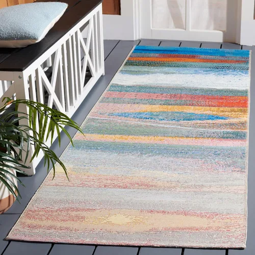 Miniatura 8 de SAFAVIEH Alfombra lavable para exteriores, colección Barbados, 8 x 10 pies 5 pulgadas, azul claro y rosa, no desprende pelusa y fácil de limpiar