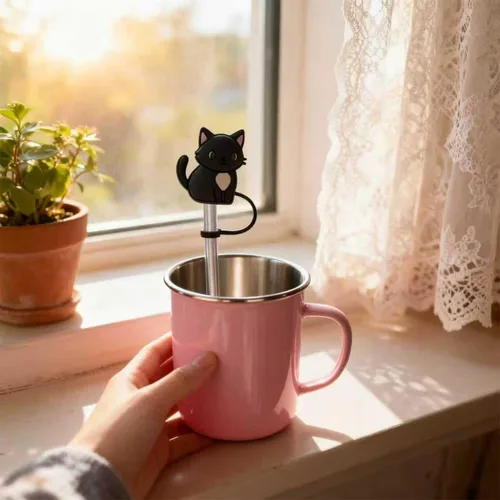 Miniatura 3 de 6 piezas de cubierta de pajita de silicona, popotes reutilizables, toppers para beber, cubiertas lindas, tapa de pajita de gato para topper Stanley