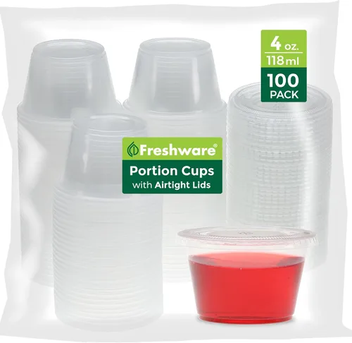 Miniatura 9 de Freshware Vasos de Plástico para Porciones con Tapas [1 Onza, 100 Juegos] Vasos de Plástico Desechables para Preparación de Comidas, Aderezo