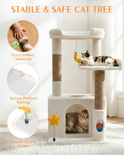 Miniatura 3 de Bonita torre para gatos de interior de 32 pulgadas con condominio para gatos, plataforma de felpa, hamaca, postes rascadores de sisal, bola
