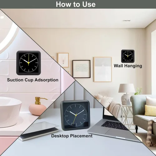 Miniatura 3 de Reloj de pared impermeable para baño, reloj de pared negro para interiores con ventosa, movimiento de cuarzo, marco de plástico, opción flexible