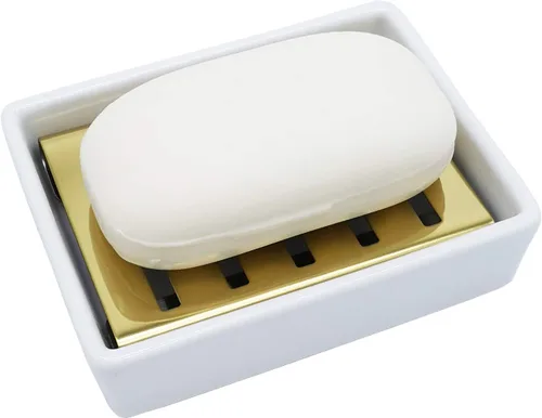 Miniatura 2 de Jabonera de cerámica dorada de acero inoxidable para ducha y baño, caja de jabón de drenaje de doble capa