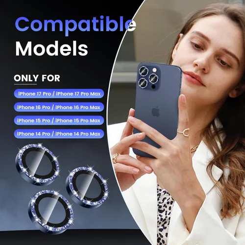 Miniatura 2 de Tensea Protector de lente de cámara Compatible para iPhone 17 Pro Max/17 Pro/15 Pro Max/15 Pro/16 Pro Max/16 Pro/14 Pro Max/14 Pro, Cubierta de azul