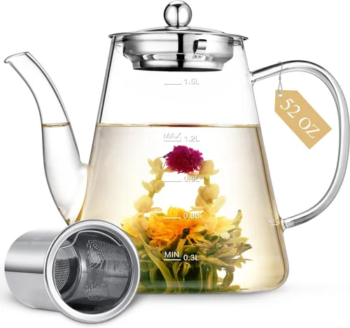 Miniatura 10 de Tetera de vidrio, Zpose 1200 ml/40 oz de tetera con infusor de acero inoxidable extraíble, tetera de vidrio transparente con línea de escala, tetera